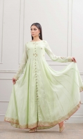 Mint green frock with front and sleeves Hand embroidered Embellishments with Heavy Kundan lace on sleeves and daaman along with contract Pink Pipin.  Mint green Hand embroidered dupatta with samosa lace finishing