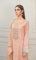 Material: Tea Pink Khaddi net Shirt with Neck Gota work and body Sitaara Embellishments with embroidered sleeves and daaman and finishing with all running Samosa lace