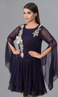 Navy blue Semi pure Schiffon Shirt with Body zardozi and feather work(feathers in white and brown) and square bell shaped sleeves giving an elegant look