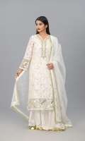 White Self booti Khaddi Shirt with Embellished Neck work and Gota work on front, sleeves and daaman.  Organza dupatta with Gota work finished with Gota frill lace  Lengha in Raw silk fabric finished with Gota lace   Please note the product color may differ in actual than in photoshoot pictures