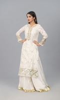 White Self booti Khaddi Shirt with Embellished Neck work and Gota work on front, sleeves and daaman.  Organza dupatta with Gota work finished with Gota frill lace  Lengha in Raw silk fabric finished with Gota lace   Please note the product color may differ in actual than in photoshoot pictures