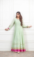 Mint green paper cotton frock with neck and sleeves embellished work, followed by jamawar criss cross finishing on sleeves and jamawar and gota plus lace finishing on daaman.
