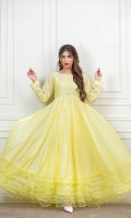 Lemon Paper cotton frock with mirror work embellishments on front and back, finished with organza frillwork in daaman and white laces on sleeves and panels.
