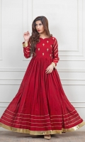 Reddish Maroon Paper cotton frock, with Handwork embellished work on body and sleeves, followed by gota work on wrist and daaman.