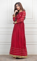 Reddish Maroon Paper cotton frock, with Handwork embellished work on body and sleeves, followed by gota work on wrist and daaman.