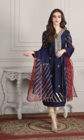navy blue khaddi net shirr with mirror and kora work on front, followed by gota work on sleeves and daaman, finished with maroon dual color pipin  Dupatta organza fabric in 2 tone color with gota work on corners