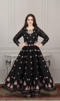 Black paper cotton frock with embellished body work and embroidered motives on kali, followed by sleeves lace work and finishing with copper samosa lace  Dupatta fine net fabric finished with copper samosa lace