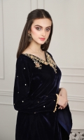 Navy blue velvet shirt with neck handwork and sleeves embellishments. Followed by pearl tassels on both corner ends.