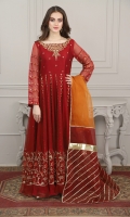 Reddish maroon khaddi net fabric frock with embroidered Kalis and border, along with Exotic Hand Embroidery bodywork, finished with samosa lace and organza frills  Organza 2 shade dupatta with lace and gota finishing