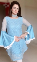 Fully Embroidered Sky Blue Net shirt with Embellishments on daaman and frill silk sleeves.