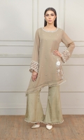 Fawn color 2 piece with Embellished bunch on side of the shirt and tassel lace attached on sleeves and trouser bottom