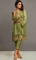Pure Raw Silk Shirt with diagonal pin tucks on the front and embroidery on the neck line and daaman with organza lace border on sleeves; with fitted cigarette pants