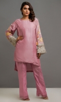 Pure Raw Silk Front Over lap shirt with fully embroidered sleeves and a dori tie and tassel on neckline; Boot cut pants with pin tucks and organza finishing