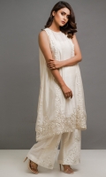 Pure Raw Silk Long A Line Shirt with appliqued organza and embroidered daaman; with halter neck with lace on side panels. With embroidered pants with Resham and cut dana.