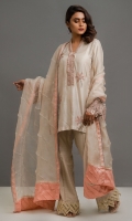 Raw Silk A Line shirt with side panels embroidery on neck line centre panel with cut work sleeves border. And boot cut pant with lace trim & Pure Organza Duppatta with pin tucks all over and edged in silk and lace on all sides  with pants