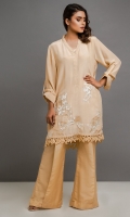 Crepe Silk shirt with embroidery on the front and trimmed with self colored lace on the front and back with cuffed sleeves with loops. With boot cut pants  with pants