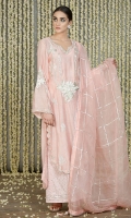 Baby Pink Cotton Silk long shirt with round scalloped and embroidered hemline, with block printed bootis all over on front and back and embroidered sleeves and neckline and embellished at the back in gota kinari.