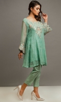 Organdie Paneled flared knee length shirt with embroidered neckline and sleeves border; fitted cigarette pants
