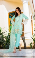 Shirt Front 1.25 Mtr Emb Back + Sleeves 1.75 Mtr Net Dupatta 2.5 Mtr Emb Trouser 2.5 Mtr Emb Lace 1 Mtr