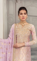 It is a 4 piece stiched outfit including shirt, slip, trousers and dupatta. It has a banarsi shirt with hand embellished neckline and heavily embellished sleeves made in pure chiffon. It is paired with pure chiffon dupatta and Korean raw slik culottes.