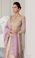 It is a 4 piece stiched outfit including shirt, slip, trousers and dupatta. It has a banarsi shirt with hand embellished neckline and heavily embellished sleeves made in pure chiffon. It is paired with pure chiffon dupatta and Korean raw slik culottes.