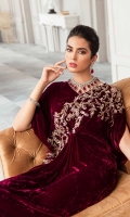 An ethereal exquisite kaftan made on velvet fabric with one side slit. It’s a one piece stitched outfit with hand emblished work of kora, dabka, pearls and sequines.