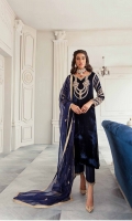 It is a complete 3 piece stitched outfit including shirt, trouser and dupatta. Shirt has detailed hand embellsihed neckline and sleeves with work on side seam. It is paired with Korean Raw Silk trouser and pure Organza dupatta with heavy motif spray all over.