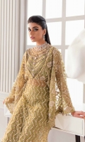 It's a complete 3 piece stitched outfit with shirt, slip and pants. Shirt is pure kathan organza with gold tilla and sequins work and a heavy jewel emblished neckline with pearls and sequins work allover. There are hangings on sleeves and ghayra. Outfit its paired with Korean raw silk trousers with gold tissue finishing, and separates slip made in PK raw silk