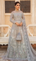 The utterly gorgeous all silver couture, is a full length organza gown with silver zardozi work with shinny crystals. It is paired with an organza dupatta with heavily worked borders and center spray of pearls.