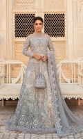 The utterly gorgeous all silver couture, is a full length organza gown with silver zardozi work with shinny crystals. It is paired with an organza dupatta with heavily worked borders and center spray of pearls.
