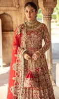 Sartaaj is a stand out look for the joyous occasion; this ensemble consists of a deep maroon hued lehnga choli. The paneled organza lehnga consists of motifs enhanced with sitara, dabka, and naqshi. The choli is fully hand worked with intricate motifs and gleaming details. The outfit is paired with an organza dupatta heavily embellished all around border, with center spray of motifs and pearls.