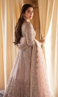 An elegant rhyme to tradition, Mehr e Ishq is a lehnga choli creating aesthetical magic with its eye catching hues of pink and delicate motifs. The organza outfit is heavily embroided and hand embellished with crystals, sitara, sequin and mirrors. The perfect opulent outfit is paired with an organza dupatta is adorned with four sided border of embellishments.