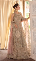 The bold and regal ensemble,Jiya is a paneled front open organza gown. It is paired with an organza lehnga with sprawling hand crafted embellishments. An opulent statement design is paired with an accent color dupatta, the perfect hue of pink. Intricately embellished all around the border and glittering spray throughout.