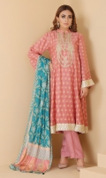 Embroidered and embellished printed flared shirt with printed chiffon tasseled dupatta with straight trouser.