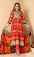 Printed and embellished flared shirt with printed lawn tasseled dupatta and straight trouser in regular fit.