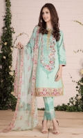 Printed cotton lawn shirt (3) Printed crinkle chiffon dupatta (2.5) Dyed cambric shalwar (2.5) Printed cotton lawn lace (1.75) Embroidered organza lace (1)