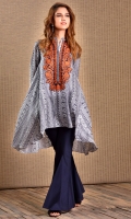 Printe Flayerd Shirt Embroidered Neckline With Band Collar Full Sleeves Printed Dupata Dyed Trouser Printe Flayerd Shirt Embroidered Neckline With Band Collar Full Sleeves Printed Dupata Dyed Trouser