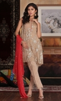 Embroidered chiffon shirt paired with plain raw silk trouser and embroidered dupatta (shirt comes with separate fully embroidered sleeves).