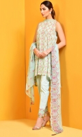 Printed swiss lawn shirt Shirt(2.50m) Printed swiss lawn Sleeves(0.50m) Printed and embroidered crinkle chiffon dupatta(2.50m) Dyed cambric shalwar(2.50m)
