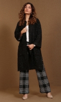 Tweed long jacket with open front, pockets and raw edges detailing