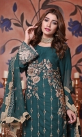 Embroidered Chiffon Front with Hand Embellishment Plain Chiffon Back Embroidered Chiffon Sleeves Embroidered Chiffon Ghera Plain Raw Silk Trouser Embroidered Chiffon Dupatta