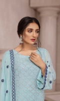Embroidered Chiffon Front with Hand Embellishment Embroidered Chiffon Back Embroidered Chiffon Sleeves Embroidered Chiffon Ghera Embroidered Chiffon Dupatta Plain Russian Grip Trouser