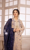 Embroidered Chiffon Front with Hand Embellishment Plain Chiffon Back Embroidered Chiffon Sleeves Embroidered Chiffon Ghera Embroidered Chiffon Dupatta Plain Russian Grip Trouser