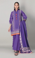 A lovely purple 3 piece unstitched khaddar outfit with stylized prints.