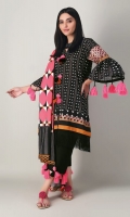 A bold black 3 piece unstitched light khaddar outfit with geometric prints.