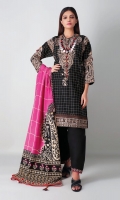 A bold black 3 piece unstitched light khaddar outfit with floral prints.