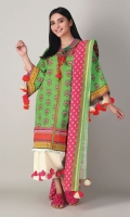 A fresh green 3 piece unstitched light khaddar outfit with floral prints.