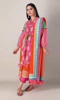 A pretty pink 3 piece unstitched light khaddar outfit with stylized prints.