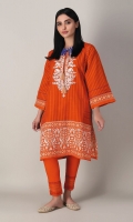 A bright orange 2 piece unstitched khaddar outfit with stylized prints.