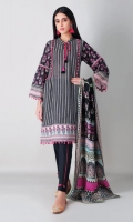 A bold black 3 piece unstitched light khaddar outfit with stylized prints.